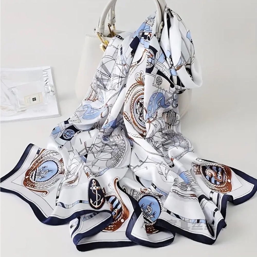 COPY - NEW Nautical Silk Scarf  Classic Blue /White Sailboat Design, 100% Mulbe…